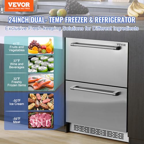 VEVOR B0D2WXL38B 24 inch Undercounter Refrigerator, 2 Drawer Refrigerator with Different Temperature, 4.87 Cu.ft. Capacity, Waterproof Indoor and Outdoor Under Counter Freezer Fridge for Home and Commercial Use