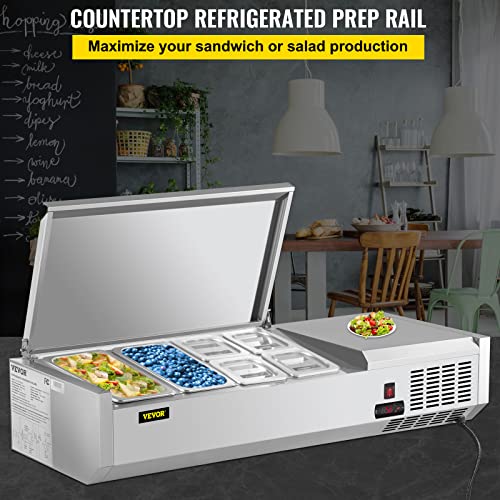 VEVOR AB0118w Refrigerated Condiment Prep Station, 48-Inch, 10.8Qt Sandwich/Salad Prep Table with 2 1/3 Pans & 4 1/6 Pans, 150W Salad Bar with 304 Stainless Body and Cover Temp Adjuster One-Click Defrosting