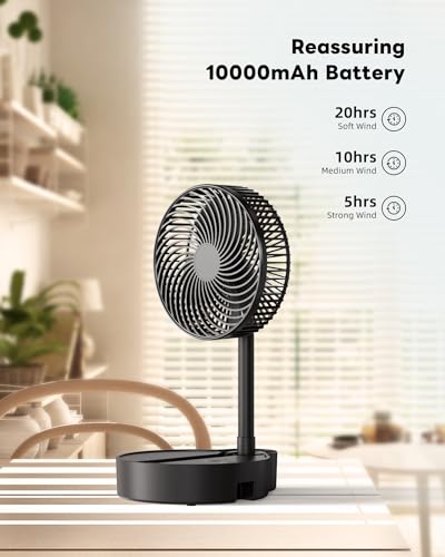Koonie ZD501 10000mAh Portable Fan, 8 Inch Foldable Stand/Desk Fan up to 20 Hours Night Light Battery Powered Fan Cordless Height Adjustable Super Quiet Fan for Home, Camping, Travel, Black