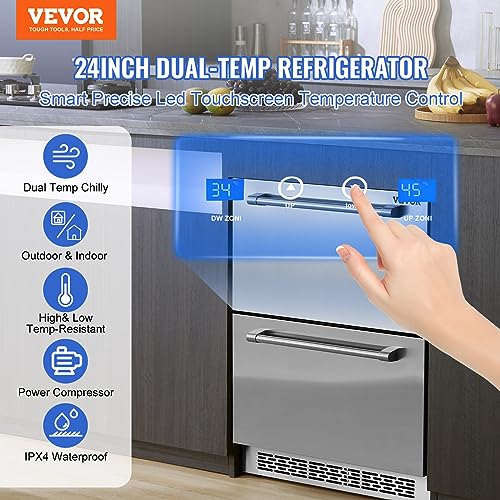 VEVOR BC-145WD 24" Undercounter Refrigerator, 2 Drawer Wine Refrigerator with Different Temperature, 4.87 Cu.ft. Capacity, Waterproof Indoor and Outdoor Under Counter Drawer Fridge for Home and Commercial Use