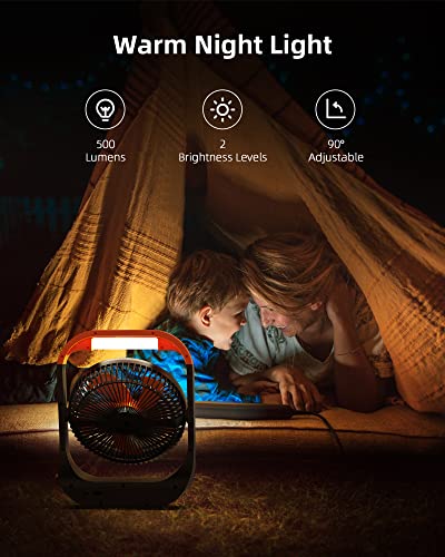 Koonie F681 8in 20000mAh Camping Fan with Timer, LED Lantern and Hook, 90hrs Rechargeable Battery USB Fan with 4 Speeds, 350°Head Rotation, Desk Table Fan for Bedroom, Outdoor, Tent, Travel, Picnic