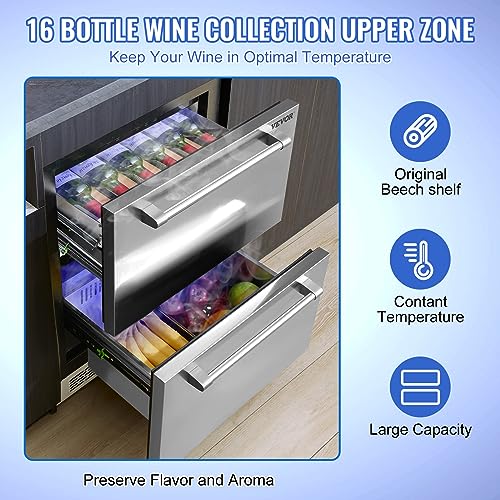 VEVOR BC-145WD 24" Undercounter Refrigerator, 2 Drawer Wine Refrigerator with Different Temperature, 4.87 Cu.ft. Capacity, Waterproof Indoor and Outdoor Under Counter Drawer Fridge for Home and Commercial Use