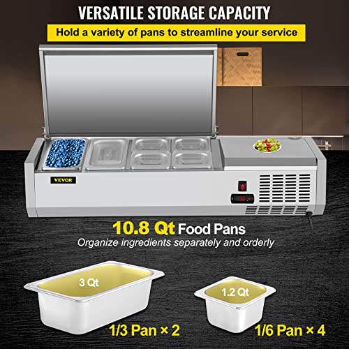 VEVOR AB0118w Refrigerated Condiment Prep Station, 48-Inch, 10.8Qt Sandwich/Salad Prep Table with 2 1/3 Pans & 4 1/6 Pans, 150W Salad Bar with 304 Stainless Body and Cover Temp Adjuster One-Click Defrosting