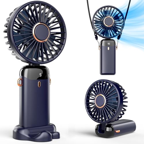 Koonie F2111 Portable Handheld Fan, Battery Operated Fan with Base, 8 Hours, Digital Display, 5 Speeds, 90° Ajustable, Rechargeable Mini Fan for Outdoor Indoor