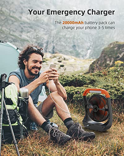 Koonie F681 8in 20000mAh Camping Fan with Timer, LED Lantern and Hook, 90hrs Rechargeable Battery USB Fan with 4 Speeds, 350°Head Rotation, Desk Table Fan for Bedroom, Outdoor, Tent, Travel, Picnic