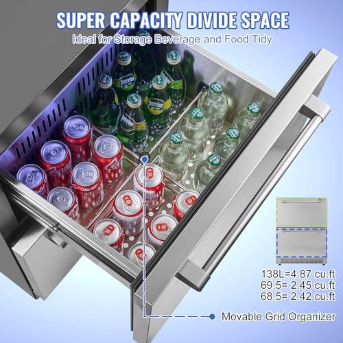 VEVOR B0D2WXL38B 24 inch Undercounter Refrigerator, 2 Drawer Refrigerator with Different Temperature, 4.87 Cu.ft. Capacity, Waterproof Indoor and Outdoor Under Counter Freezer Fridge for Home and Commercial Use