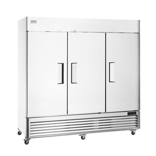 VEVOR Commercial Freezer 60.42 Cu.ft, Reach In 82.5" W Upright Freezer 3 Doors, Auto-Defrost Stainless Steel Reach-in Freezer with 12 Adjustable Shelves, -13 to 5℉ Temp Control, LED Lighting, 4 Wheels