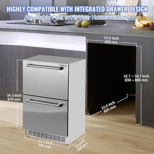 VEVOR B0D2WXL38B 24 inch Undercounter Refrigerator, 2 Drawer Refrigerator with Different Temperature, 4.87 Cu.ft. Capacity, Waterproof Indoor and Outdoor Under Counter Freezer Fridge for Home and Commercial Use