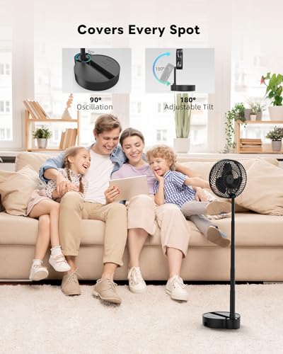 Koonie ZD501 10000mAh Portable Fan, 8 Inch Foldable Stand/Desk Fan up to 20 Hours Night Light Battery Powered Fan Cordless Height Adjustable Super Quiet Fan for Home, Camping, Travel, Black