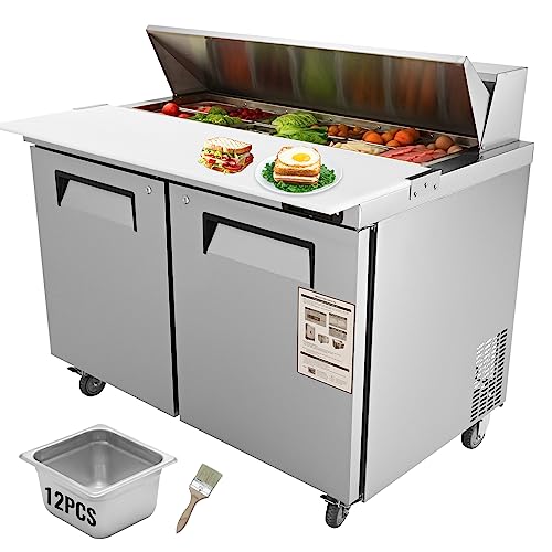 Vevor KSR-48B Commercial Sandwich & Salad Table, 12.85 Cu. Ft Thick Stainless Steel 12 Pans Cutting Board, 2 Fridge for Restaurant, Bar, Shop Food Prep Station, 48" W Refrigerator Double Door, Silver