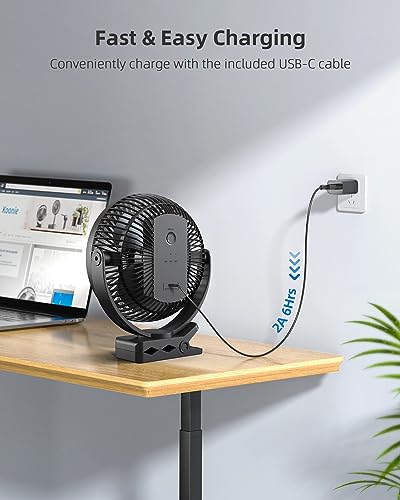 Koonie WH110 10000mAh Clip on Fan Rechargeable, 8-Inch Battery Operated Desk Fan, USB Fan with 4 Speeds, Strong Airflow Sturdy Clamp for Golf Cart Office Desk Outdoor Travel Camping Tent Gym Treadmill,Black