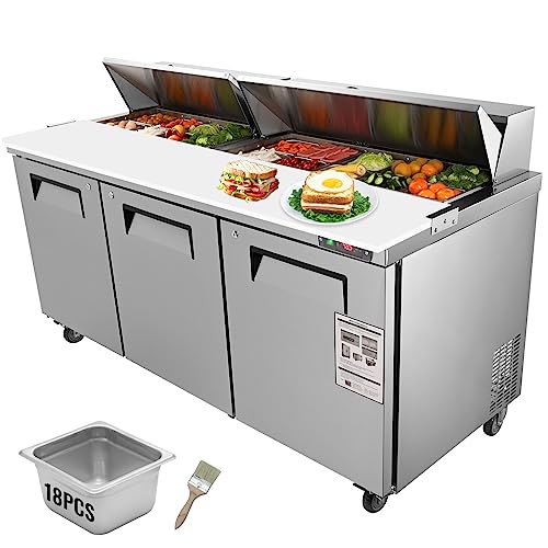VEVOR B0C8TP2BJ5 Commercial Refrigerator, 72" Sandwich & Salad Prep Table, 17.73 Cu. Ft Stainless Steel Refrigerated Food Prep Station with 18 Pans, Cut Board, 3 Door Worktop Fridge with lock for Restaurant