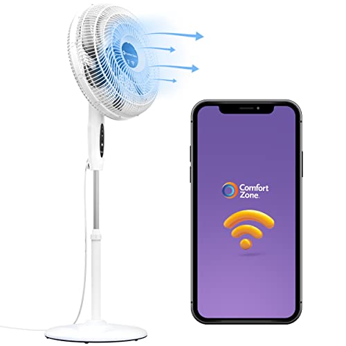 Comfort Zone CZST180SWS Smart WiFi Oscillating Stand Fan, 18 inch, 3 Speed, Wall-Mountable, Voice Control, Full-Function Timer, Adjustable Stand up to 53 inches, Tri-Curve Technology to Reduce Noise