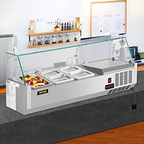 VEVOR AB0118w Refrigerated Condiment Prep Station, 40-Inch, 7.8Qt Sandwich Prep Table with 1 1/3 Pan & 4 1/6 Pans, 150W Salad Bar with 304 Stainless Body Tempered Glass Shield Digital Temp Display Auto Defros