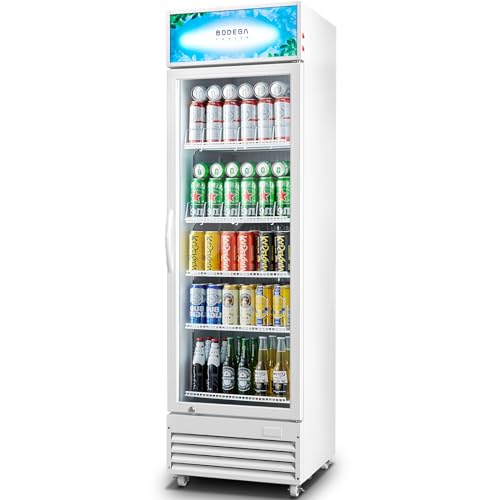 BODEGACOOLER SS-P360WD-WT Commercial Merchandiser Refrigerator Beverage Display Refrigerator,12.5 Cu.Ft Display Refrigerator,LED Light Drink Bar Cooler with Adjustable Shelves,Glass Door Beverage Cooler,White