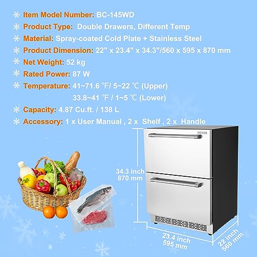 VEVOR BC-145WD 24" Undercounter Refrigerator, 2 Drawer Wine Refrigerator with Different Temperature, 4.87 Cu.ft. Capacity, Waterproof Indoor and Outdoor Under Counter Drawer Fridge for Home and Commercial Use