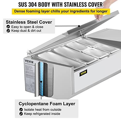 VEVOR AB0118w Refrigerated Condiment Prep Station, 48-Inch, 10.8Qt Sandwich/Salad Prep Table with 2 1/3 Pans & 4 1/6 Pans, 150W Salad Bar with 304 Stainless Body and Cover Temp Adjuster One-Click Defrosting