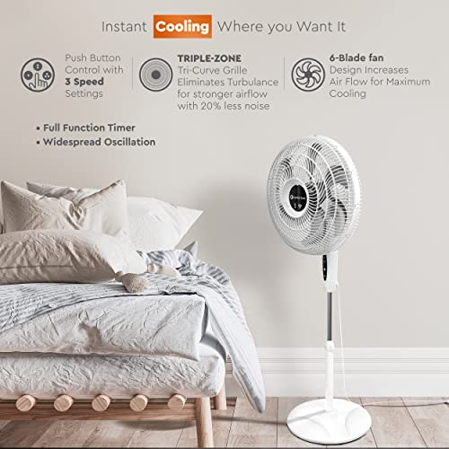 Comfort Zone CZST180SWS Smart WiFi Oscillating Stand Fan, 18 inch, 3 Speed, Wall-Mountable, Voice Control, Full-Function Timer, Adjustable Stand up to 53 inches, Tri-Curve Technology to Reduce Noise