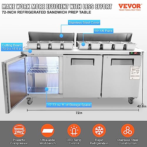 VEVOR B0C8TP2BJ5 Commercial Refrigerator, 72" Sandwich & Salad Prep Table, 17.73 Cu. Ft Stainless Steel Refrigerated Food Prep Station with 18 Pans, Cut Board, 3 Door Worktop Fridge with lock for Restaurant