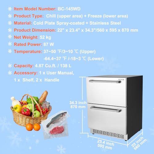 VEVOR B0D2WXL38B 24 inch Undercounter Refrigerator, 2 Drawer Refrigerator with Different Temperature, 4.87 Cu.ft. Capacity, Waterproof Indoor and Outdoor Under Counter Freezer Fridge for Home and Commercial Use