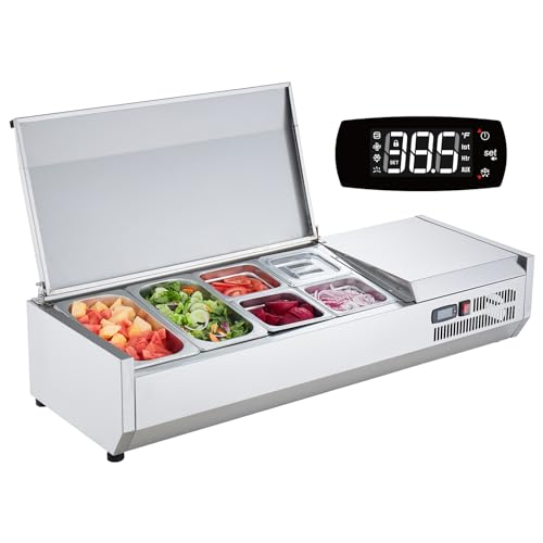 VEVOR E48TW-G, 135 W Countertop Refrigerated Condiment Station, with 2 1/3 4 1/6 Pans, 304 Body and PC Lid, Sandwich Prep Table Guard, ETL, Stainless 48in, Silver