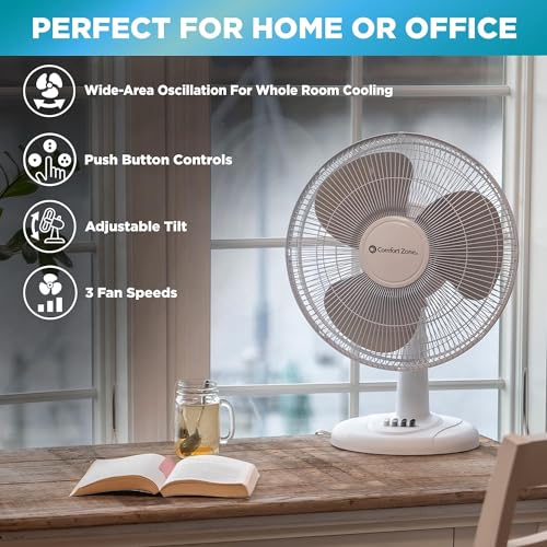 Comfort Zone CZ161BK Oscillating Table Fan with Adjustable Tilt, Convenient Push Button Controls, Quiet, 16 inch, 3 Speed, Desk Fan, Airflow 15.75 ft/sec, Ideal for Home, Bedroom, Dorm & Office