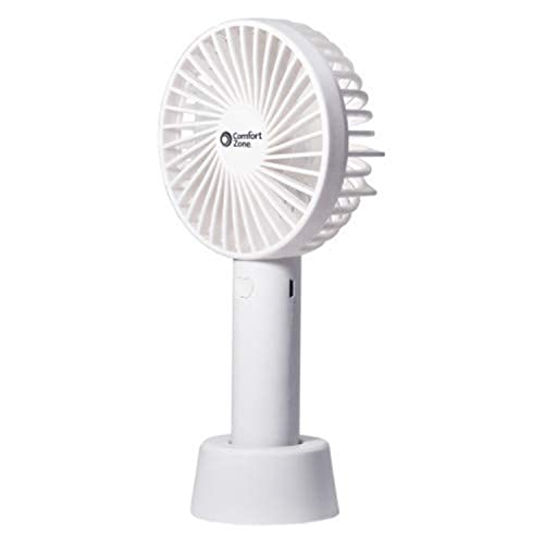 Comfort Zone CZPF402WT Personal Handheld Rechargeable Fan, 4 inch, 3 Speed, Lithium Ion Battery, Micro USB Cable, Powerful, Mini Hand Fan, Ideal for Home, Bedroom & Office