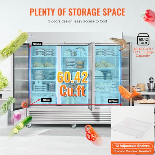 VEVOR Commercial Freezer 60.42 Cu.ft, Reach In 82.5" W Upright Freezer 3 Doors, Auto-Defrost Stainless Steel Reach-in Freezer with 12 Adjustable Shelves, -13 to 5℉ Temp Control, LED Lighting, 4 Wheels