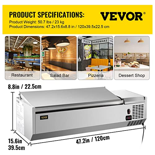 VEVOR AB0118w Refrigerated Condiment Prep Station, 48-Inch, 10.8Qt Sandwich/Salad Prep Table with 2 1/3 Pans & 4 1/6 Pans, 150W Salad Bar with 304 Stainless Body and Cover Temp Adjuster One-Click Defrosting