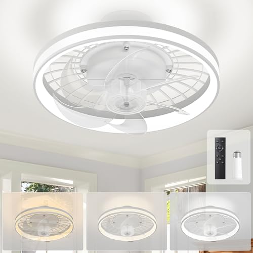 Acesal Socket Fan Light - 13 Inch Flush Mount Ceiling Fans with Lights and Remote, 3 Colors Led Smooth Dimming, 4 Speeds, E26 Modern Ceiling Fan with Light for Bedroom/Living Room/Garage/Kitchen-White