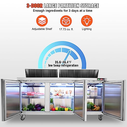 VEVOR B0C8TP2BJ5 Commercial Refrigerator, 72" Sandwich & Salad Prep Table, 17.73 Cu. Ft Stainless Steel Refrigerated Food Prep Station with 18 Pans, Cut Board, 3 Door Worktop Fridge with lock for Restaurant