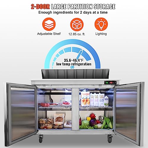 Vevor KSR-48B Commercial Sandwich & Salad Table, 12.85 Cu. Ft Thick Stainless Steel 12 Pans Cutting Board, 2 Fridge for Restaurant, Bar, Shop Food Prep Station, 48" W Refrigerator Double Door, Silver
