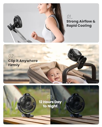 Koonie B0CRTPYP1B Portable Clip On Fan, Small USB Fan Battery Operated, 3 Speed Rechargeable Mini Fan With LED Display, 360° Rotate Personal Cooling Desk Fan for Stroller Travel Camping Golf Gym