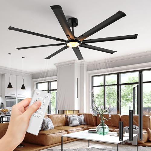 Acesal ALCF002 Ceiling Fans with Lights and Remote：72 Inch Indoor Outdoor Large Ceiling Fan for Living Room Patio Kitchen 8 Aluminum Blades Black Industrial Ceiling Fan 6 Speed Reversible Quiet DC Motor