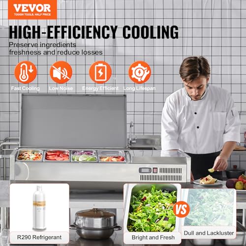 VEVOR E48TW-G, 135 W Countertop Refrigerated Condiment Station, with 2 1/3 4 1/6 Pans, 304 Body and PC Lid, Sandwich Prep Table Guard, ETL, Stainless 48in, Silver