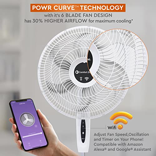 Comfort Zone CZST180SWS Smart WiFi Oscillating Stand Fan, 18 inch, 3 Speed, Wall-Mountable, Voice Control, Full-Function Timer, Adjustable Stand up to 53 inches, Tri-Curve Technology to Reduce Noise
