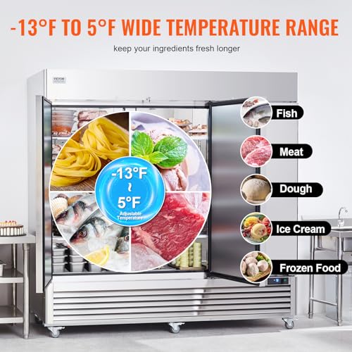 VEVOR Commercial Freezer 60.42 Cu.ft, Reach In 82.5" W Upright Freezer 3 Doors, Auto-Defrost Stainless Steel Reach-in Freezer with 12 Adjustable Shelves, -13 to 5℉ Temp Control, LED Lighting, 4 Wheels