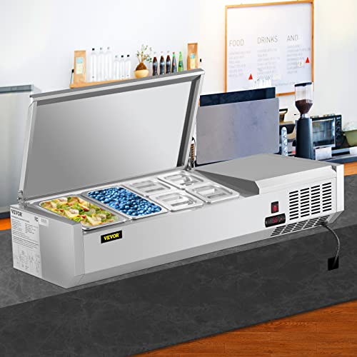 VEVOR AB0118w Refrigerated Condiment Prep Station, 48-Inch, 10.8Qt Sandwich/Salad Prep Table with 2 1/3 Pans & 4 1/6 Pans, 150W Salad Bar with 304 Stainless Body and Cover Temp Adjuster One-Click Defrosting