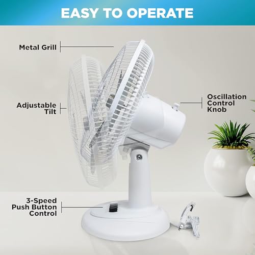 Comfort Zone CZ161BK Oscillating Table Fan with Adjustable Tilt, Convenient Push Button Controls, Quiet, 16 inch, 3 Speed, Desk Fan, Airflow 15.75 ft/sec, Ideal for Home, Bedroom, Dorm & Office