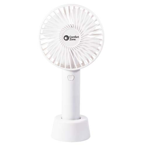 Comfort Zone CZPF402WT Personal Handheld Rechargeable Fan, 4 inch, 3 Speed, Lithium Ion Battery, Micro USB Cable, Powerful, Mini Hand Fan, Ideal for Home, Bedroom & Office
