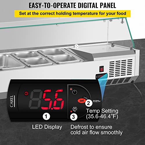 VEVOR AB0118w Refrigerated Condiment Prep Station, 40-Inch, 7.8Qt Sandwich Prep Table with 1 1/3 Pan & 4 1/6 Pans, 150W Salad Bar with 304 Stainless Body Tempered Glass Shield Digital Temp Display Auto Defros