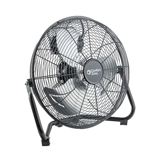 Comfort Zone CZHV12B Cradle Floor Fan, 12 inch, 3 Speed, High Velocity, 180 Degree Adjustable Tilt, All-Metal, Carry Handle, Rubber Feet, Airflow 15.42 ft/sec, Ideal for Home, Bedroom & Office