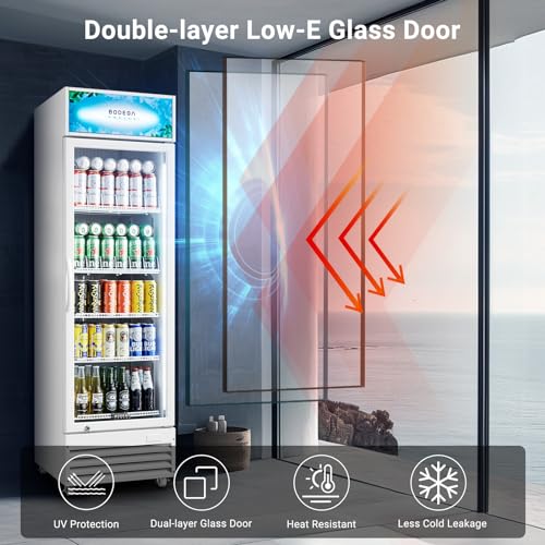 BODEGACOOLER ‎SS-P360WD-WT Commercial Merchandiser Refrigerator Beverage Display Refrigerator,12.5 Cu.Ft Display Refrigerator,LED Light Drink Bar Cooler with Adjustable Shelves,Glass Door Beverage Cooler,White