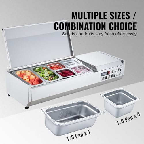 VEVOR E48TW-G, 135 W Countertop Refrigerated Condiment Station, with 2 1/3 4 1/6 Pans, 304 Body and PC Lid, Sandwich Prep Table Guard, ETL, Stainless 48in, Silver
