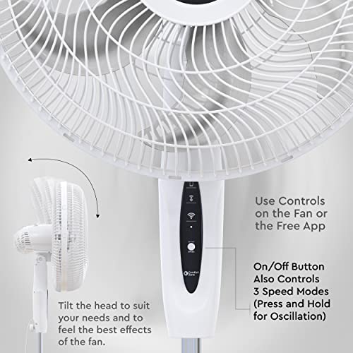 Comfort Zone CZST180SWS Smart WiFi Oscillating Stand Fan, 18 inch, 3 Speed, Wall-Mountable, Voice Control, Full-Function Timer, Adjustable Stand up to 53 inches, Tri-Curve Technology to Reduce Noise