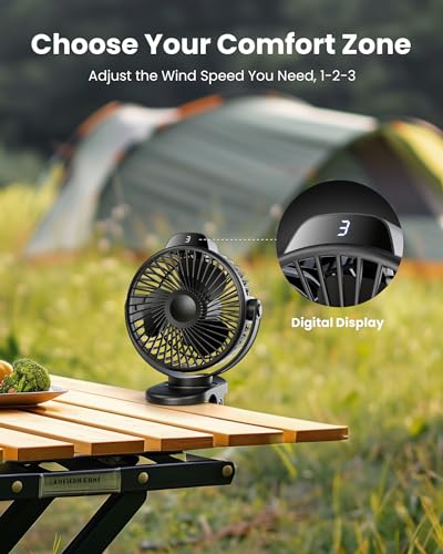 Koonie B0CRTPYP1B Portable Clip On Fan, Small USB Fan Battery Operated, 3 Speed Rechargeable Mini Fan With LED Display, 360° Rotate Personal Cooling Desk Fan for Stroller Travel Camping Golf Gym