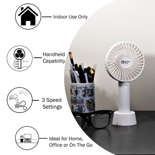 Comfort Zone CZPF402WT Personal Handheld Rechargeable Fan, 4 inch, 3 Speed, Lithium Ion Battery, Micro USB Cable, Powerful, Mini Hand Fan, Ideal for Home, Bedroom & Office