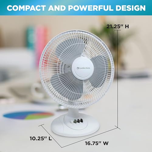 Comfort Zone CZ161BK Oscillating Table Fan with Adjustable Tilt, Convenient Push Button Controls, Quiet, 16 inch, 3 Speed, Desk Fan, Airflow 15.75 ft/sec, Ideal for Home, Bedroom, Dorm & Office