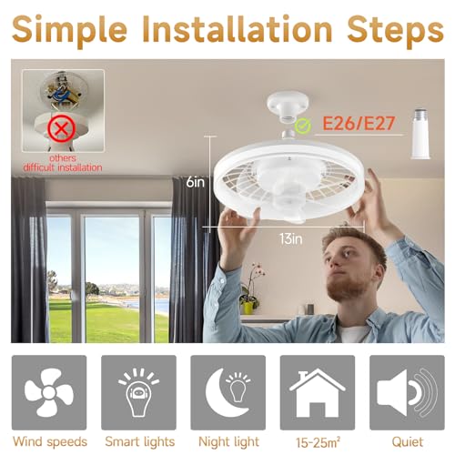 Acesal Socket Fan Light - 13 Inch Flush Mount Ceiling Fans with Lights and Remote, 3 Colors Led Smooth Dimming, 4 Speeds, E26 Modern Ceiling Fan with Light for Bedroom/Living Room/Garage/Kitchen-White