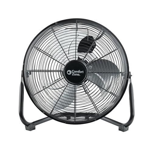 Comfort Zone CZHV12B Cradle Floor Fan, 12 inch, 3 Speed, High Velocity, 180 Degree Adjustable Tilt, All-Metal, Carry Handle, Rubber Feet, Airflow 15.42 ft/sec, Ideal for Home, Bedroom & Office